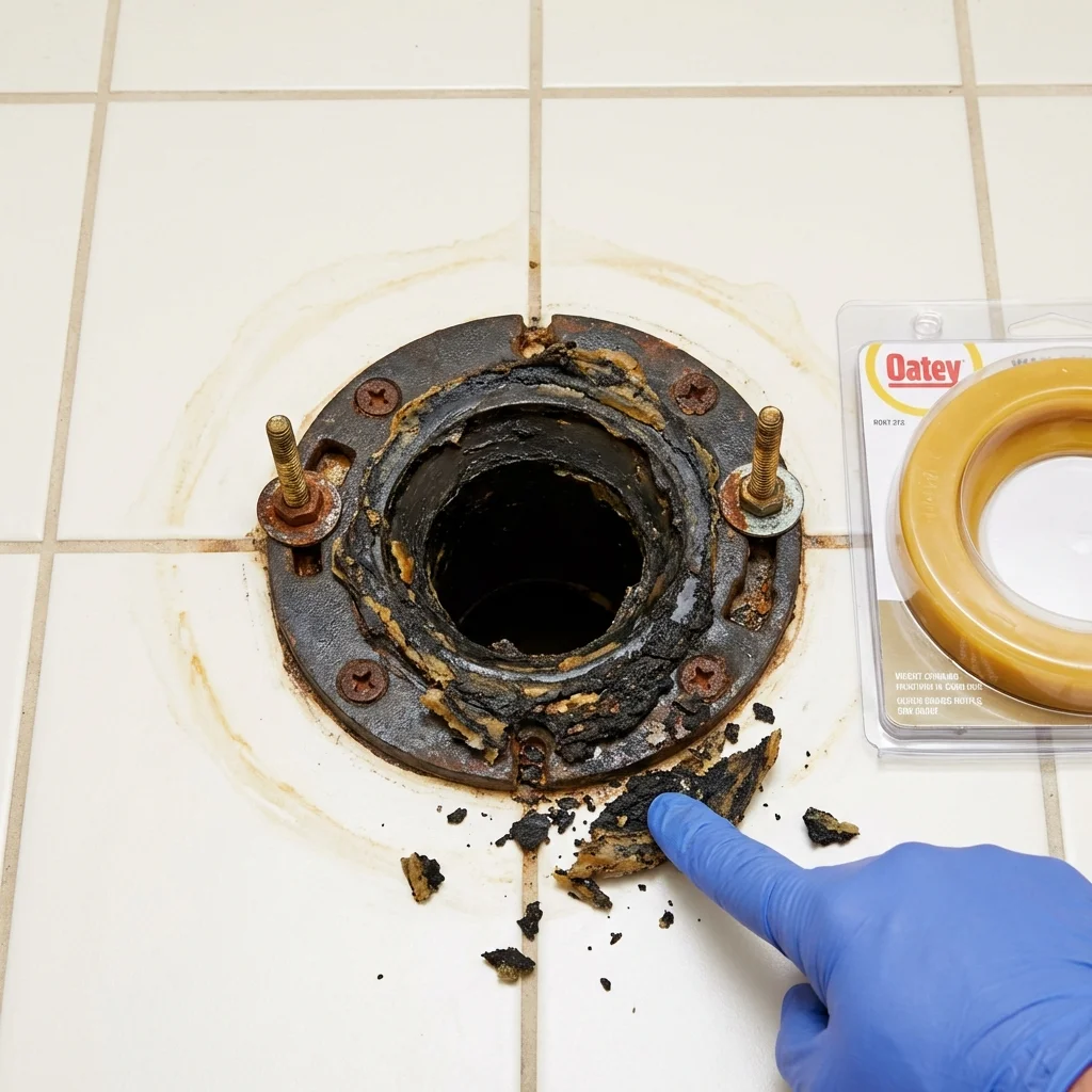 Failed wax ring showing water seepage at the base of a toilet in a Middletown, OH home