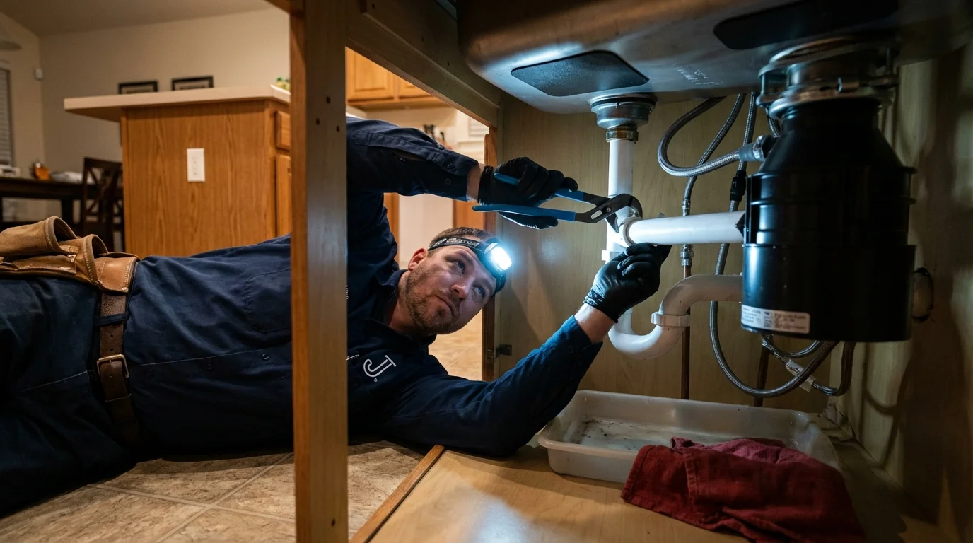 P-trap and supply line connections under a kitchen sink showing a common leak point in Middletown, OH